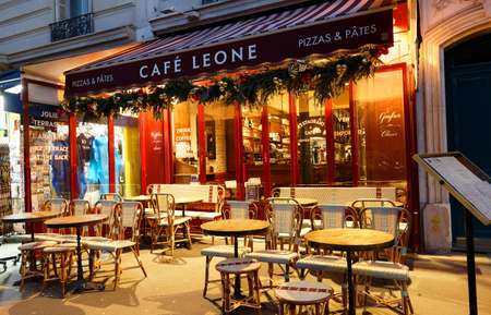 The famous cafe Leone decorated for Christmas located near Notre Dame cathedral in Paris, France.のeditorial素材