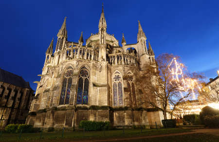 Cathedral of Notre Dame, Reims in the night. One of the most stunning masterpieces of 13th century Gothic art.の写真素材