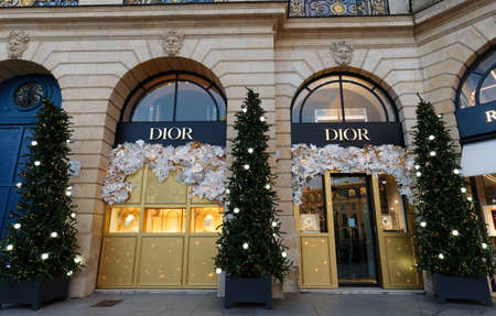 The boutique Dior decorated for Christmas, Paris, France.のeditorial素材