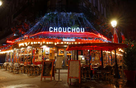 Cafe Chouchou decorated for Christmas 2021 . It is traditional French cafe located in Les Halles district in Paris , France.のeditorial素材