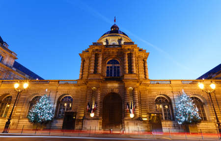 Exterior view of the Senate with Christmas trees. It is the upper house of the French Parliament. Paris.の写真素材
