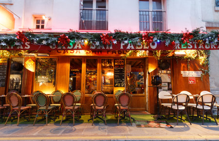 The restaurant Casa San Pablo is tapas and wine bar of Basque cuisine decorated for Christmas 2021 , located in Marais district of Paris.のeditorial素材
