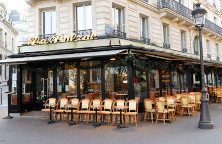 Bar Brasserie Le Balzac is traditional French restaurant located near Champs Elysees avenue and Triumphal Arch in Paris., France.のeditorial素材