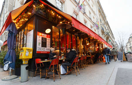 The traditional French cafe Amuse gueule decorated for Christmas 2021 . It located at famous Rambuteau street in Paris, France.のeditorial素材