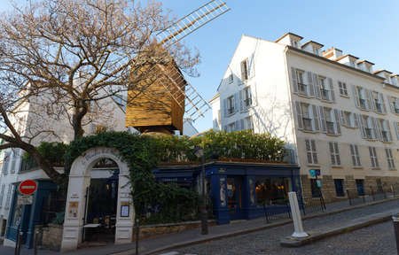 the traditional French restaurant Le moulin de la galette located in Montmartre in 18 district of Paris, France.のeditorial素材