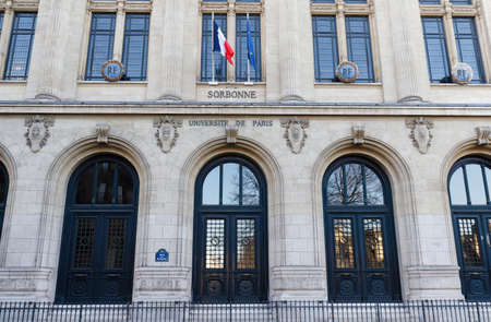 Facade of Sorbonne University in Paris. One of the most famous universities in the world, Sorbonne was originally established in 1253.のeditorial素材