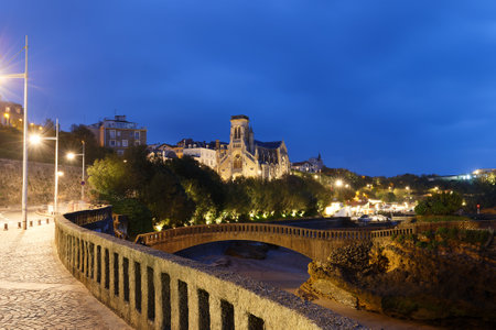 Night view of church Saint Eugenie in Biarritz, Franceの写真素材