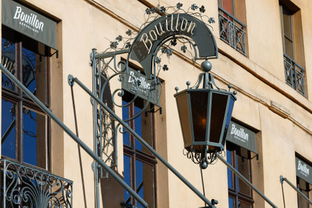 The decorative light lamp of traditional French art nouveau restaurant Bouilln Republique located near Republique square in 3rd district of Paris.のeditorial素材