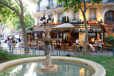 View of typical Parisian cafe Le Metro . It is located on famous Saint Germain boulevard in Paris, France.のeditorial素材