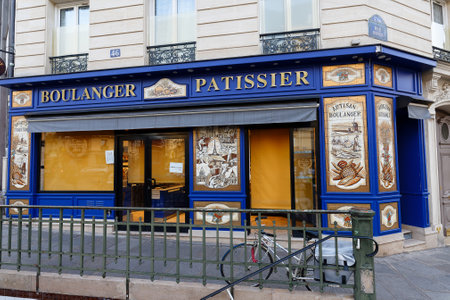 The vintage bakery and cake shop located in 5th district of Paris at Monge street . Paris. France.のeditorial素材