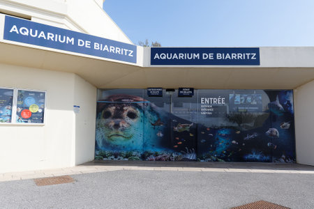 Exterior of the Aquarium of Biaritz . Built on the rocky plateau of Atalaye, it overlooking the ocean between the Fishing Port and the Port Vieux beach.のeditorial素材