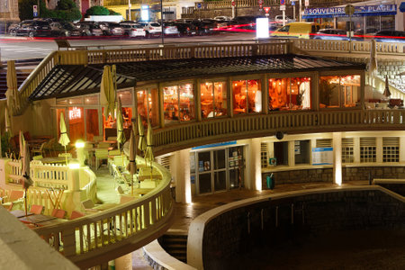 The night view of restaurant La Petite plage located in Biarritz,a luxurious seaside tourist destination on the Atlantic coast in the French Basque Country.のeditorial素材