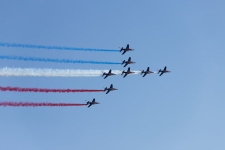 Patrouille de France aerobatics team, famous demonstration of French Air force, Alpha jets of Patrouille de France in full formation.のeditorial素材