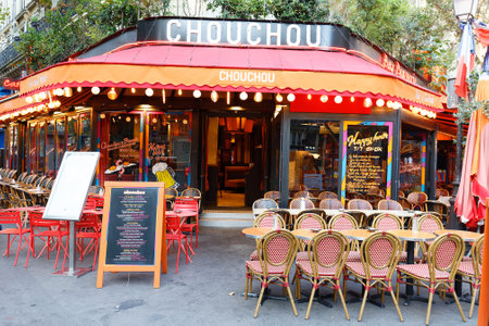 Cafe Chouchou is traditional French cafe located in Les Halles district in Paris., France.のeditorial素材