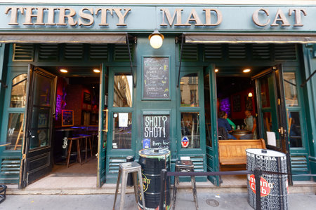 Located in the 2nd arrondissement across from Chatelet, Thirsty Mad Cat sport bar knows how to mix partying and sports. Paris. France.のeditorial素材