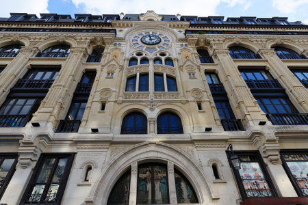 At numbers 61 and 63 Rue Reaumur is a surprising and impressive facade in the Art Nouveau and Neo-Gothic styles.Paris. France.のeditorial素材