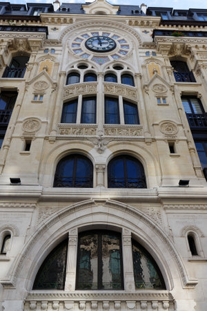 At numbers 61 and 63 Rue Reaumur is a surprising and impressive facade in the Art Nouveau and Neo-Gothic styles.Paris. France.のeditorial素材