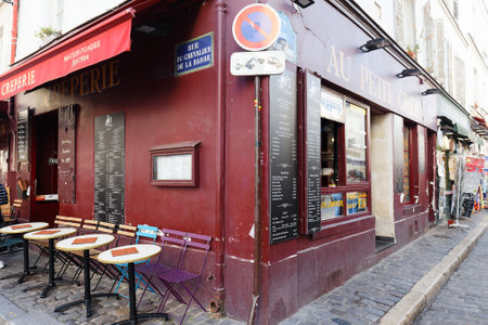 The traditional French restaurant Au Petit Creux located in Montmartre in 18 district of Paris, France.のeditorial素材