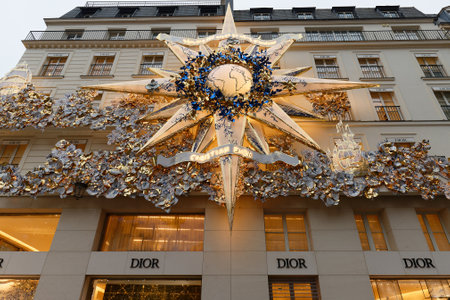 Paris, France - 12 04 2021: View of facade of Christian Dior Paris with christmas decorationのeditorial素材