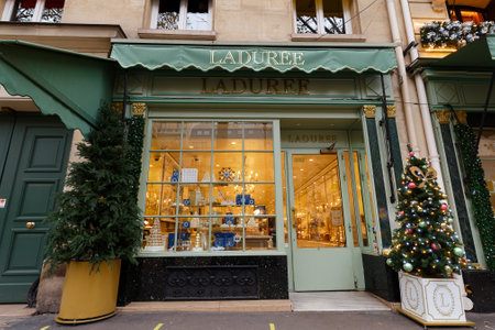 The famous Laduree bakery and tea room in Paris. Laduree was founded in 1862 and is a luxury brand known for its macaroon cookies in many flavors and colorsのeditorial素材