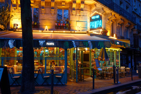 Cafe Madame Pampa at night decorated with flowers in the Montparnasse Quarter near the Gare Montparnasse, Montparnasse Tower.のeditorial素材