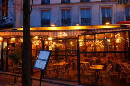 Cafe Boheme in the Montparnasse Quarter near the Gare Montparnasse, Montparnasse Tower and Galeries Lafayetteのeditorial素材