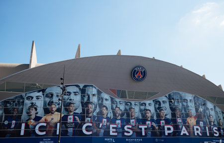 Whole PSG team on the main entrance of the Parc des Princes stadium, the home pitch of the French Ligue 1 football club Paris Saint-Germainのeditorial素材
