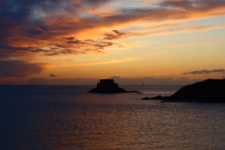 Beauty sunset view from beach in Saint Malo. Natural pool in Saint-Malo in Brittany . France.の写真素材