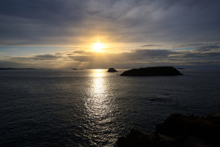 Beauty sunset view from beach in Saint Malo. Natural pool in Saint-Malo in Brittany . France.の写真素材