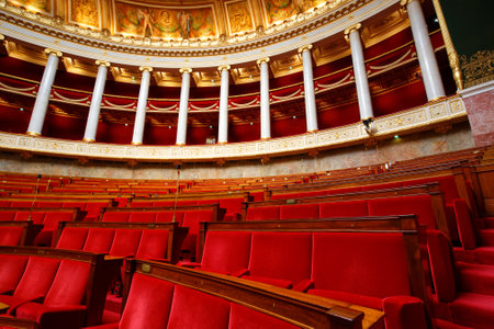 The benches in Bourbon palace , the seat of the French National Assembly, the lower legislative chamber of the French government.のeditorial素材