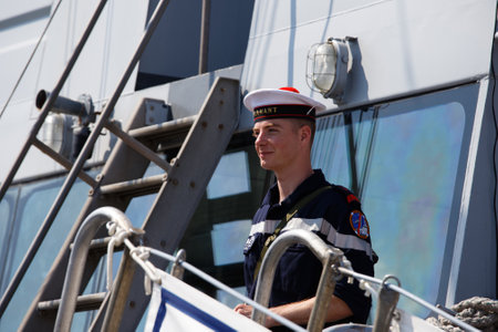 The unidentified French sailor taking part in Armada gathering of tall ships on the Seine river. Rouen . France.のeditorial素材