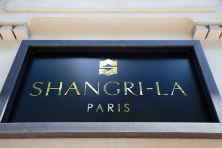 The sign of Shangri-La Hotel, Paris. It is an elegant luxury Palace Hotel In the former home of Prince Roland Bonaparte, overlooking the Eiffel Tower and River Seine.のeditorial素材