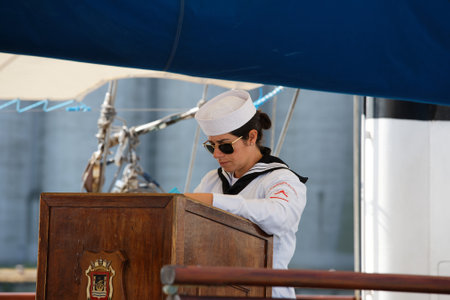 The unidentified Ecuadorian sailor taking part in Armada gathering of tall ships on the Seine river. Rouen . France.のeditorial素材