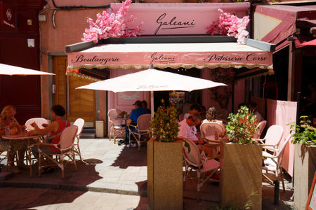Bakery and pastry shop Galleani decorated with flowers. It located in historic centre of Ajaccioのeditorial素材