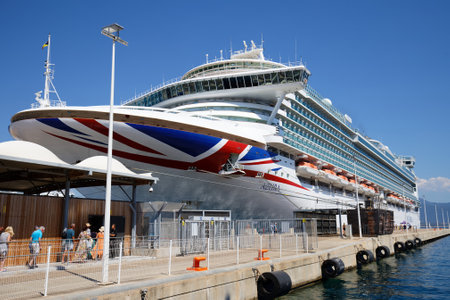 Cruise ship MV Azura in the port of Ajaccio, Corsica island .MV Azura is the second largest of eight ships currently in service with P and O Cruisesのeditorial素材