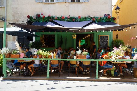 Chez Josephine is traditional French cafe decorated with flowers. It located in historic centre of Ajaccio .Corsica island.のeditorial素材
