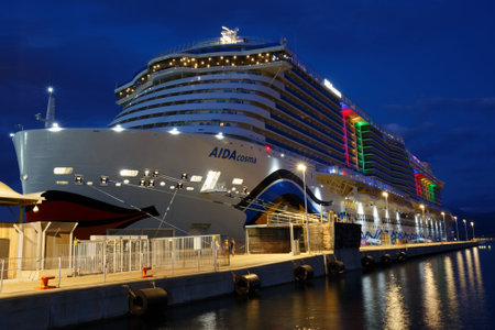 Aida Cosma cruise liner in stopover in the port of Ajaccio at night , Corsica island.のeditorial素材