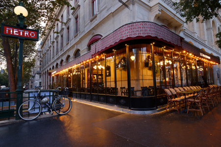 The famous French cafe Sarah Bernardt named after the famed Parisian actress and singer, located at place du Chatelet in Paris.のeditorial素材