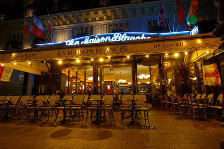 the traditional French cafe La Maison Blanche located near Gare du Nord in Paris.のeditorial素材
