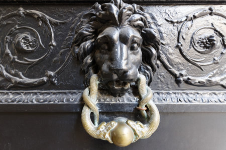European Vintage old metal wrought iron door knocker. Design detail. Paris.