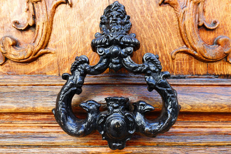 European Vintage old metal wrought iron door knocker. Design detail. Paris.