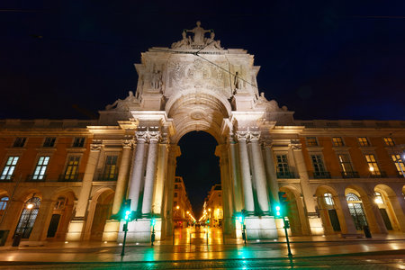 Historical building in Lisbon on Commerce Square, Portugal. Triumphal Rua Augusta Arch. Beautiful...