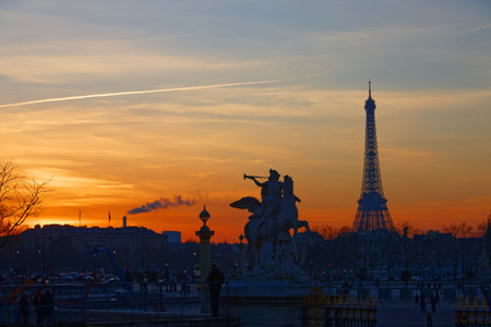 The famous Concorde square at sunset with Eiffel tower in the background . Paris. France.の写真素材