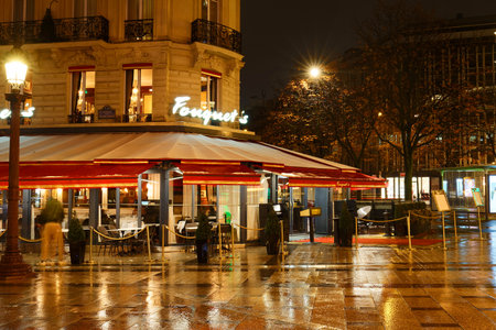 Paris, France-November 22, 2025: The Fouquets is a historic restaurant, located at avenue Champs Elysees in Paris, France.It was located in 1889.のeditorial素材