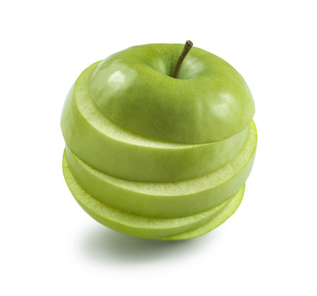 Top sliced green cooking Granny Smith apple on white background isolatedの写真素材