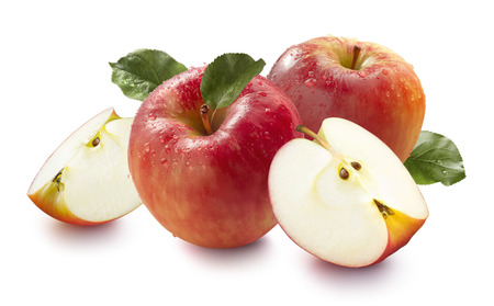 Red wet honey crunch apples and quarters isolated on white background horizontal for package deisgnの写真素材