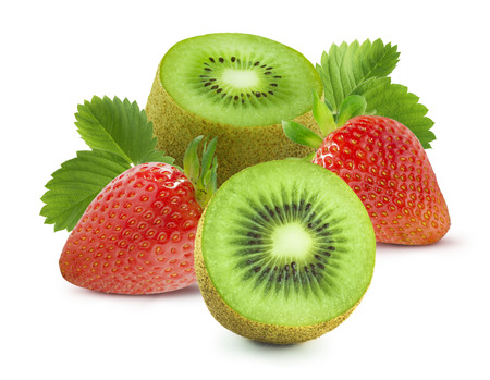 Big group of strawberry and kiwi isolated on white background as package design elementsの写真素材