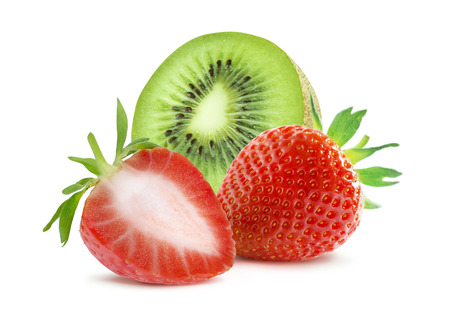 Strawberry and kiwi composition isolated on white background as package design elementsの写真素材