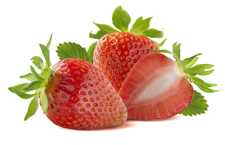 Whole strawberries and half isolated on white background as package design elementsの写真素材
