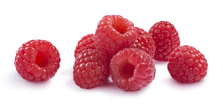 Fresh raspberry horizontal group isolated on white background as package design elementsの写真素材